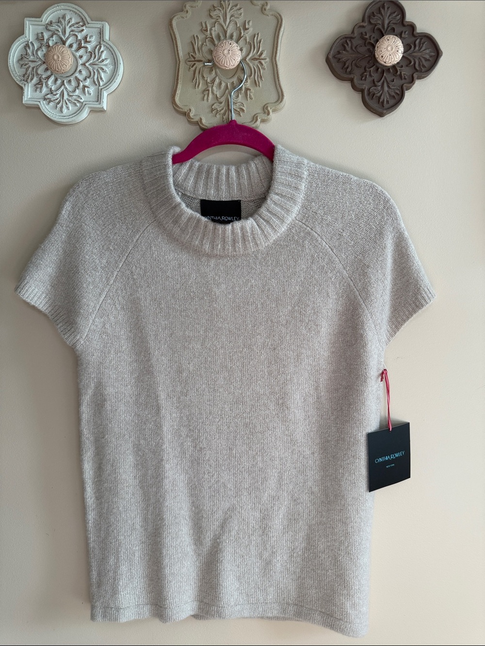 NWT Cynthia Rowley Tan Short-Sleeve Crew Sweater Wool Blend Sz M
